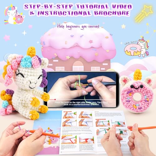 Image of Fortuning's JDS Crochet Kit for Beginners - Unicorn Crochets Kit with Step-by-Step Video Tutorials, Beginner Crochet Kit for Adults, Crochet Animal Kit for Kids, Crochet Unicorn Loves Donut Set