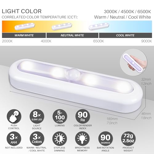 Image of STAR-SPANGLED 7 inch Dimmable LED Stick on Push Tap Lights AAA Battery, 3 Pack