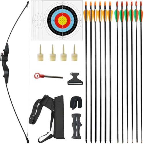 OAEZAEY 大人用リカーブボウと矢のセット、テイクダウン式ストレートボウ アーチェリーボウ(右利き用 40ポンド)シングルピンサイト付き 大人初心者向け 庭や屋外でのターゲットスポーツ練習用