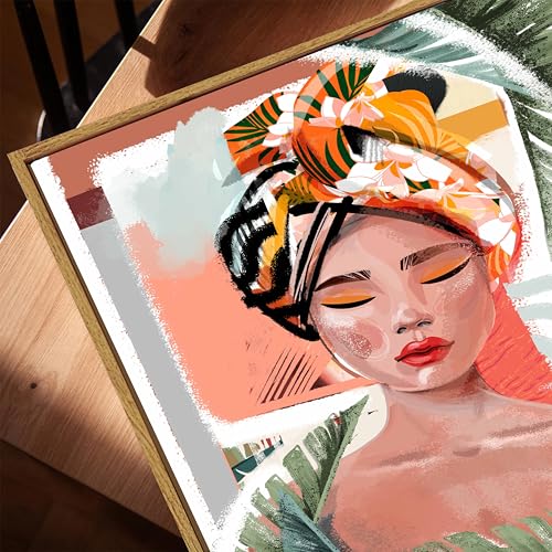 Image of Modern Bohemian Tropical Woman Portrait Framed Canvas Painting For Living Room | Botanical Abstract Female Wall Art For Livingroom Wall Decor, Home Decor, Bedroom, Hallway's, Office, Hotel - 43x58 cm