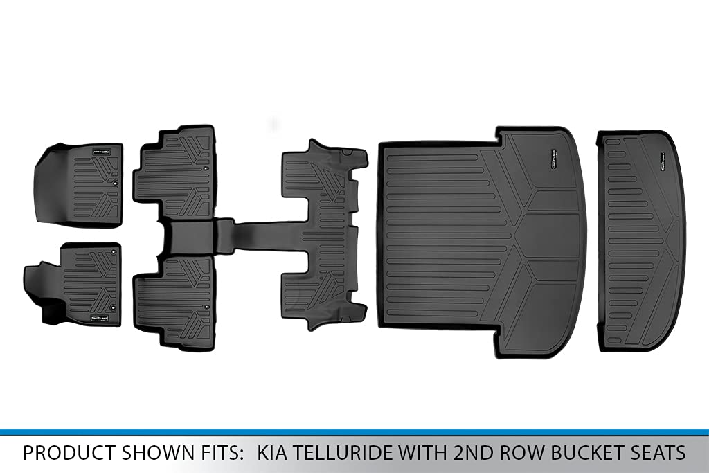 SMARTLINER All Weather Custom Fit Black 3 Row & Both Cargo Liners Floor Mat Bundle Compatible with 2020-2023 Kia Telluride with 2nd Bucket Seats Without Center Console