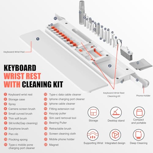 Image of 21-in-1 Multi-Purpose Cleaning Kit with Wrist Rest for Laptop, Keyboard, Screen, PC, Monitors, Mobile, Camera & Earphones with Dust Removal (White)