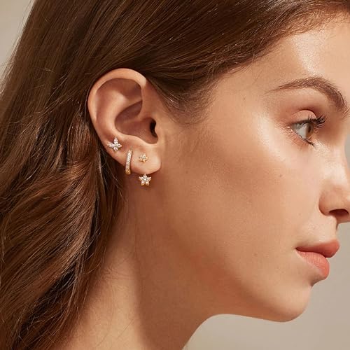 Jstyle 14K Gold Earrings for Women S925 Sterling Silver Earrings for Multiple Piercings Cartilage Stud Small Hoop Dainty Earrings Set2