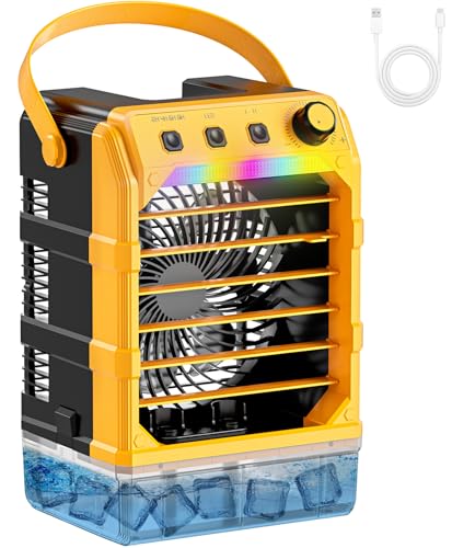 Portable Air Conditioners Compatible for Dewalt 20v Battery(No Battery) or USB Powered, Personal Air Conditioner with 7 Lights, 8h Timer, 1600ml Water Tank Misting Fan for Outside Camping Room Desk