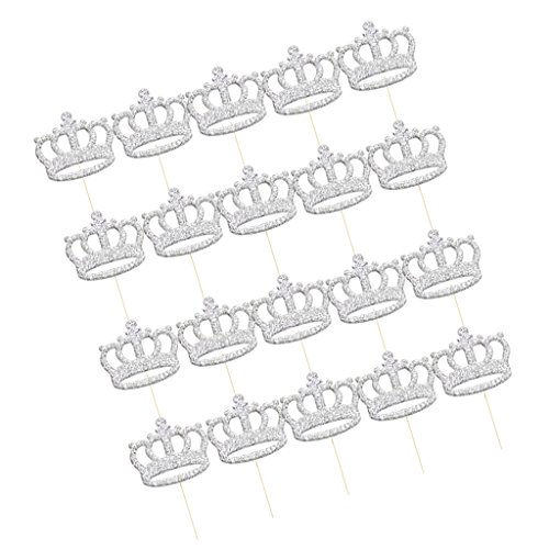 Fenteer Set of 20pcs Shiny Prince Princess Crown Cupcake Toppers DIY Fruit Cocktail Picks Wedding Party Decoration Gold Silver - Silver