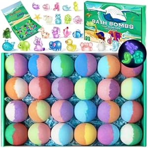 Bath Bombs for Kids with Toys Inside – 24 Pack Kids Bath Bombs with Glow in The Dark Surprise Toys Inside, Natural Organic Bubble Bath Fizzy, Valentines Day Gifts for Kid Girls Boys, Birthday Gifts