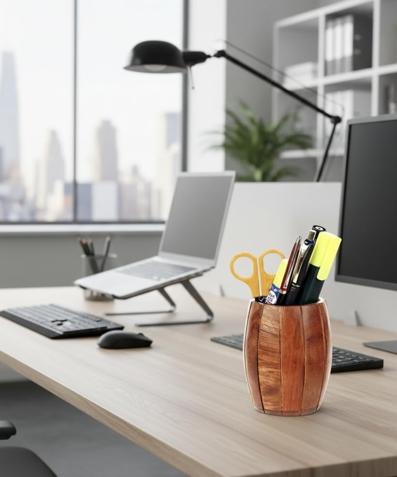 Image of Wooden Barrel Desk Organiser, Pen Holder, Brown, Vintage Style