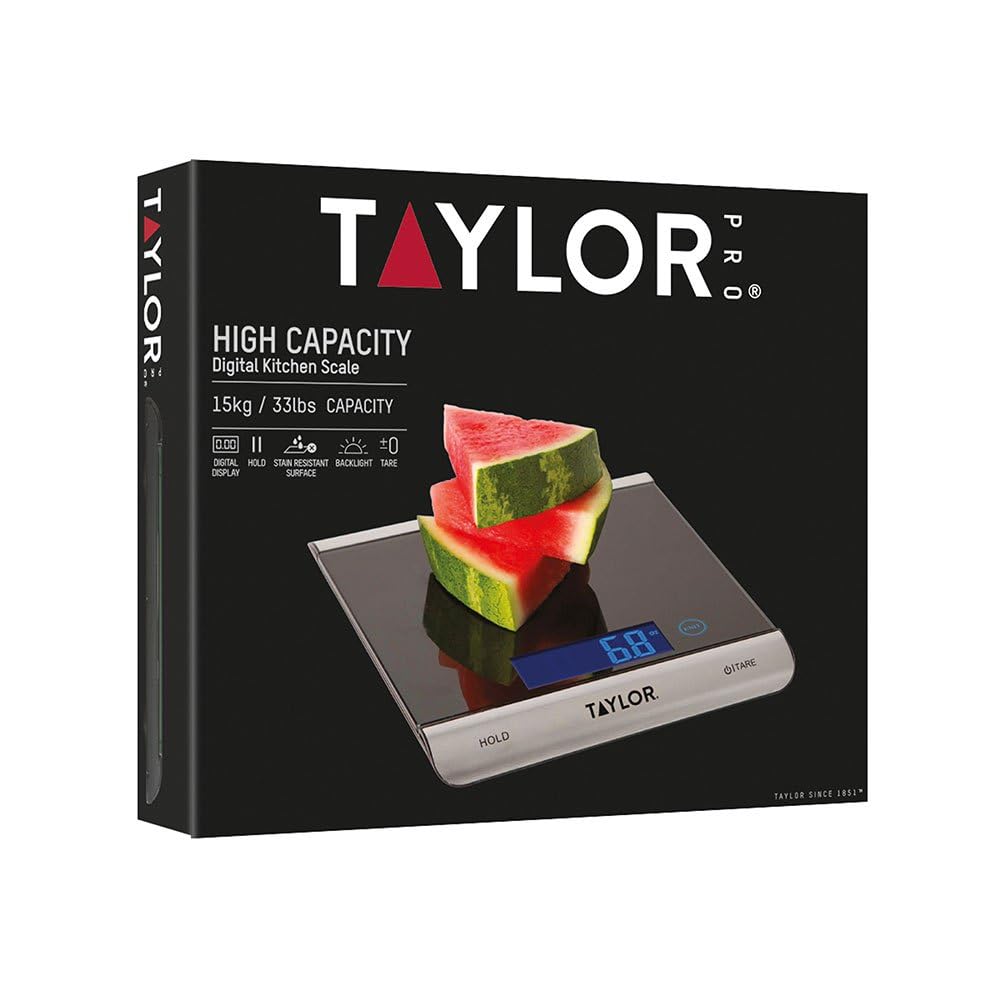 Taylor Pro, Digitale Küchenwaage für Lebensmittel mit Ultrahoher Kapazität, Professioneller Standard, mit Hoher Präzision und Genauigkeit sowie Tara-Funktion, Schwarzglas, Wiegekapazität 15 kg