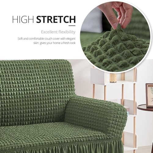 Image of Bails Sofa Cover 5 Seater Fully Covered | Sofa Cover l Shape 7 Seater Fully Covered | Sofa Cover 5 Seater Set | Elastic Bubble Fabric with Frill Sofa Protector Cover (Olive Green, 5 Seater (3+1+1))