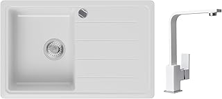 Évier de Cuisine en Granit Blanc, 78 x 50 cm, Lavabo 1 bac + Mitigeur + Siphon Automatique, 5 couleurs et variantes de robinets, Évier à Encastrer de Primagran
