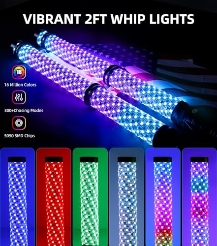 Image of ZIMABLUE 2PC 2FT Fat Whip Lights for Side by Side, App & Remote Control RGB Chasing Light Whip with 3 Switchs for ATV UTV Dune Buggy Truck,LED Whip Light Compatible with Polaris RZR Can-Am Maverick X3