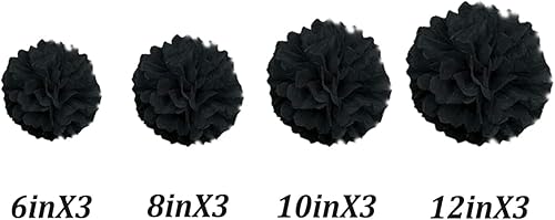 Miniatura 3 de Pompones de papel decorativos de varios tamaños, 12 unidades, bolas de flores de papel negro para colgar en la pared, decoraciones para fiestas,