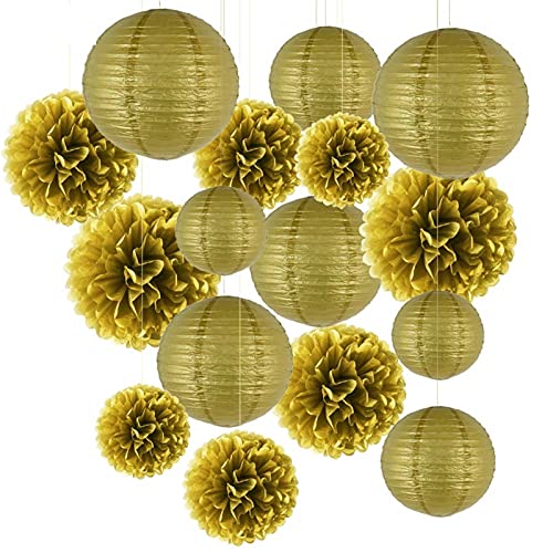 Paper lanterns，Paper Lanterns Lampshade， Paper Lanterns Decorations 16pcs Decorative Round Tissue Paper Lantern Pom Poms Flower Balls Gold Color Wedding Party Decoration(Gold)