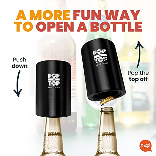 Pop-The-Top Beer Bottle Opener (Black): Automatic Bottle Opener, No Damage To Cap | Fun Bartender Tool | Push Down Decapitator Bottle Cap Opener By Taza #TOP1