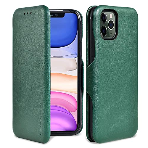 Image of PULOKA for iPhone 13 Pro Max - Sleek Flip Case - Premium Vegan Leather Phone Cover with Card Slot - Slim, Durable, Privacy Protection - Kickstand Function - Elegant Flip Wallet Cases for Apple - GREEN