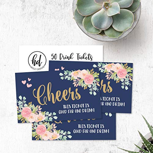 50 Navy Pink Floral Drink Ticket Coupons For A Free Drink At Weddings, Work Events Or Party Bar, One Free Beer Wine Alcohol Soft Drink Or Food Voucher, Flower Cheers Large Drinking Paper Raffle Cards #TOP2