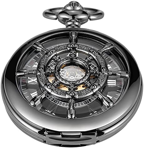 Whodoit Men's Mechanical Pocket Watch Black Rudder Pattern Double Open Hollow Roman Numerals Pocket Watch