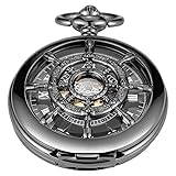 Whodoit Men's Mechanical Pocket Watch Black Rudder Pattern Double Open Hollow Roman Numerals Pocket