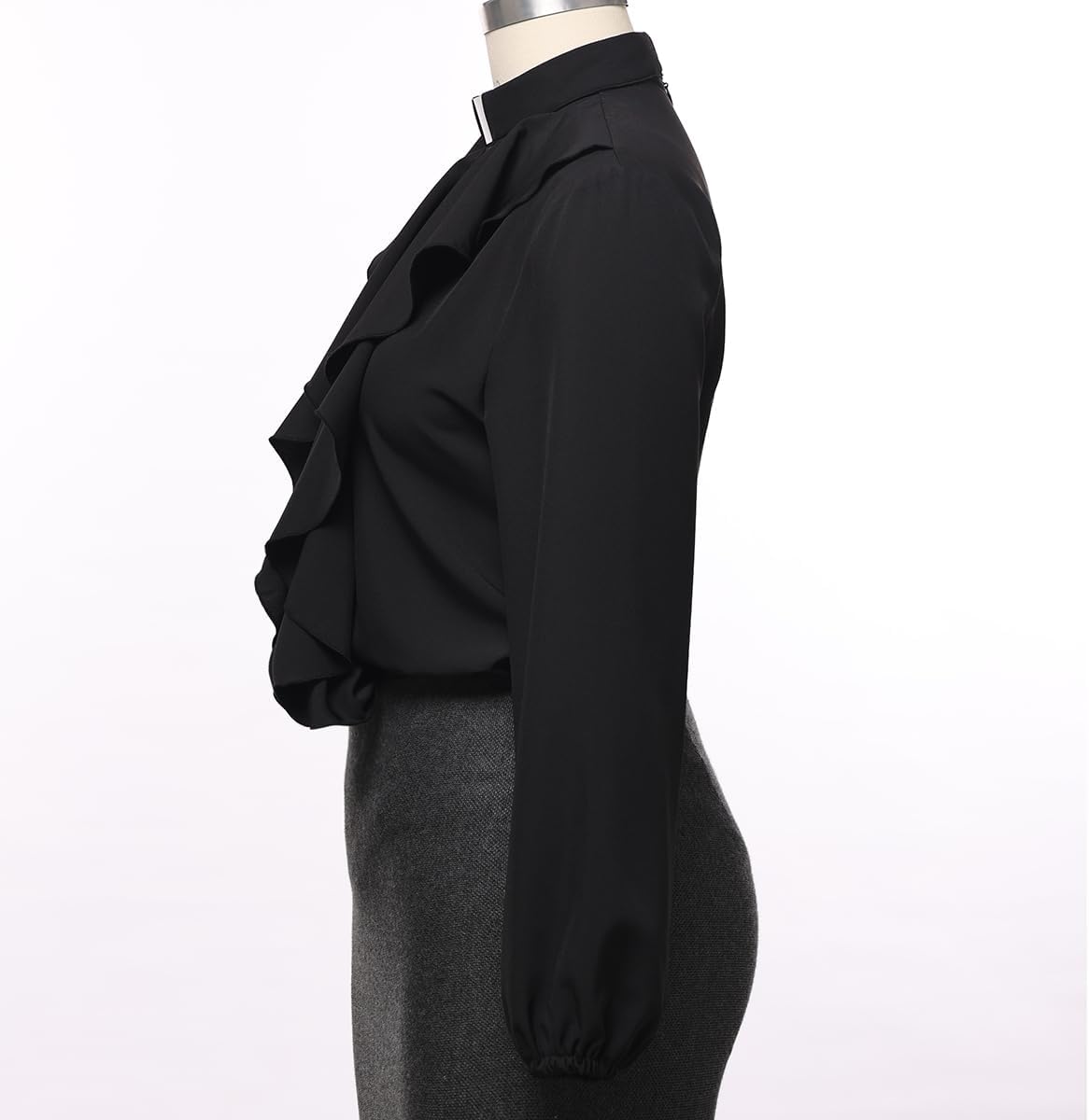 Womens Church Clergy Shirt Tab Collar Elastic Cuff Long Sleeve Lotus Ruffled Blouse Top - Image 7
