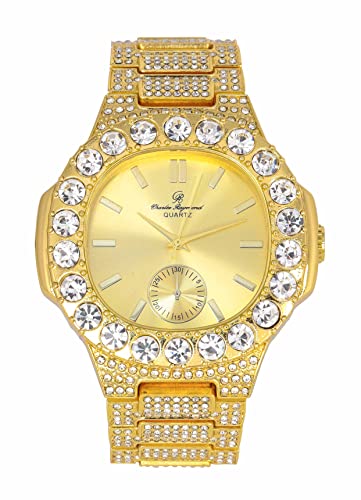 Charles Raymond Bling-ed Out Oblong Metal Mens Color on Blast Watch - 8475Color (ST10316 Gold Big Rocks)
