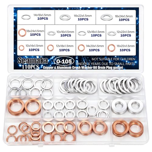 Image of 110pcs Oil Drain Plug Crush Washer Gasket Seal Assortment 50pcs Cooper and 60pcs Aluminum Oil Plug Washers-10mm 12mm 14mm 16mm 18mm O-105