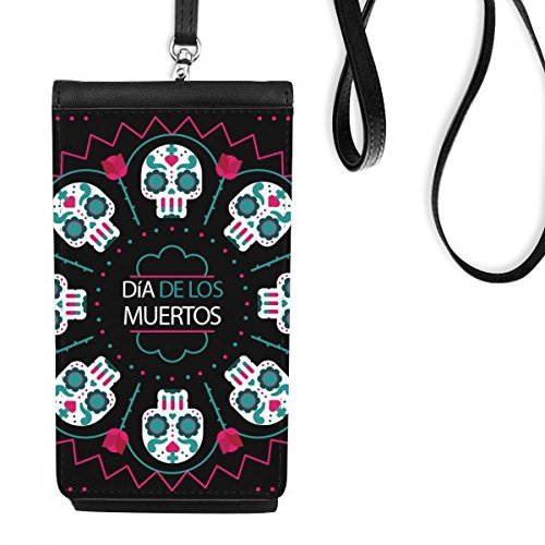 Portefeuille téléphone noir en cuir de qualité supérieure orné d'un crâne mexicain