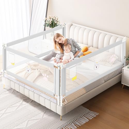 Ikodm Barrera de cama de 200 cm x 2 + 180 cm x 1, protección contra caídas para camas Boxspring, protector de cama para niños y camas de matrimonio, altura ajustable de 70-98 cm, gris