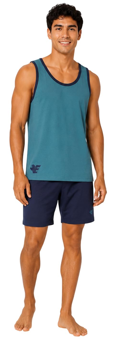 Pigiama Uomo Cotone Corto Leggero Estivo – Canotta e Pantaloncini - Pigiama Due Pezzi in 100% Fresco Cotone –