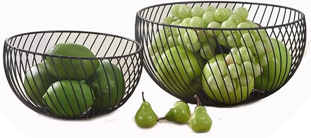 vocheer Fruit Bowls, 2 Pcs Round Black Wire Basket 26 * 13.6cm/10.24 * 5.35 inch Shallow Fruit Bowl for Snack, Households Items Storage, Modern Metal Wire Fruit Basket
