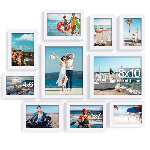 decorUhome Picture Frames Collage Wall Decor for Photo Gallery Display, Assorted Picture Frames set of 10 Including Two 8x10 / Four 5x7 / Four 4x6 for Family Wall Decor, White, 10 Pack
