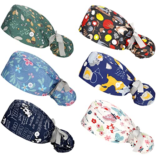 Image of Honoson 6 Pcs Scrub Caps Women with Buttons | Adjustable, Bouffant Surgical Caps, with Ponytail Holder, Cotton Nurse Hats