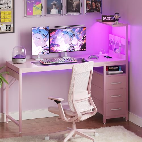 Image of YOUDENOVA 48 Inch Gaming Computer Desk with Led Lights, Small Desk with Storage Shelves and Drawers, Reversible Compact Gamer Table for Home Office, Carbon Fiber Pink
