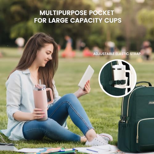 Image of LOVEVOOK Laptop Backpack for Women with Pouch Pocket for Large Capacity Cup,15.6 Inch Laptop Computer Bag Travel Backpack Purse,Waterproof Work Business Backpack College Teacher Bags,Dark Green