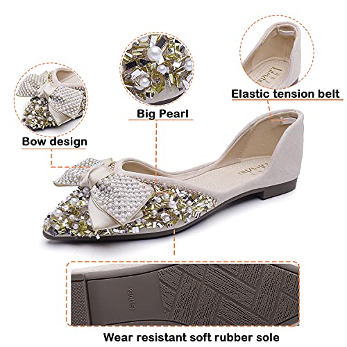 Qxcgdyxt Flats Shoes Women Rhinestone Wedding Flats Comfort Pointed Toe Ballet Flat Shoe Low Heel Dress Shoes Sparkly Flats For Women Apricot-1 Size - 9.5 #TOP1