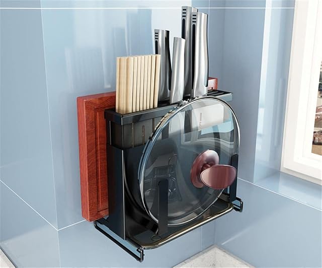 Momooda 4 in 1 Wall Mounted Knife Block Kitchen Organizers and Storage Containers Self Adhesive Pot Lid Holder Chopping Board Holder 25x13.5x23cm Black