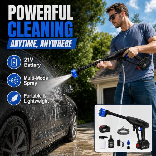 Image of Cordless Portable Pressure Washer Gun 21V 12000mAh | Double Battery Wireless High Pressure Water Gun with 6-in-1 Nozzle & 5M Hose Pipe | Car Wash, Bike Cleaning & Outdoor Use for Kids and Adults.