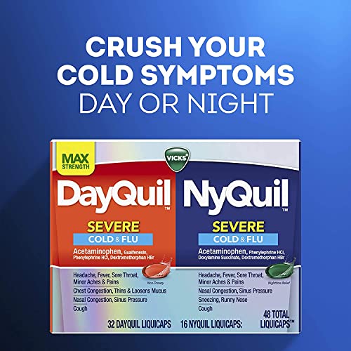 Vicks Dayquil And Nyquil Severe Cough, Cold & Flu Relief, 48 Liquicaps (32 Dayquil & 16 Nyquil) - Relieves Sore Throat, Fever, And Congestion, Day Or Night, 48 Count #TOP5