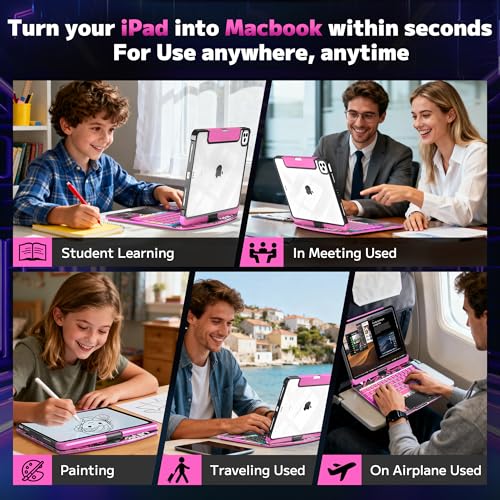 Image of Clear Keyboard Case for iPad 10.2 inch 9th /8th /7th (2021 /2020 /2019) 360 Swivel Multi-Touch Trackpad,with Wireless Bluetooth 3-Brightness &7-Color Backlit, Pencil Holder Pink