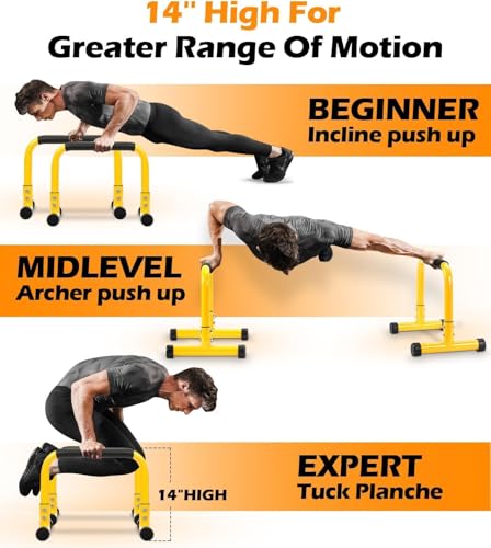 TABEKE Push Up Bar, 14'' High Steel Parallettes & Dip Bar with Full Coverage Foam Handle, Heavy-Duty Calisthenics Parallel Bars for L-Sit, Dips, Home Gym Strength Training Workout - Image 5