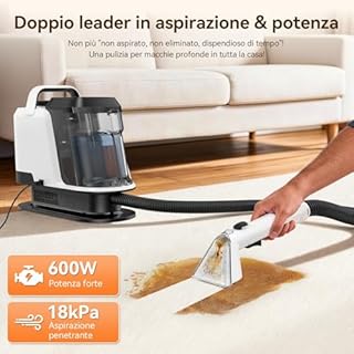 Uwant Y100 Lavatappeti e Divani Lava e Asciuga, 600W 18 kPa, Serbatoio Doppio 1.2L e Auto-Pulizia, Igienizza al 99.9% con Detergente 500ml e Spazzole, Per la Pulizia di Divano, Tappezzeria e Materassi