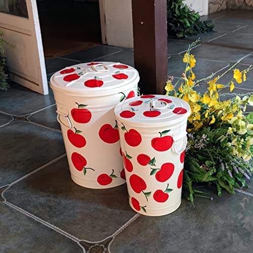 Landchy Hand Painted Metal Trash Can Combo Set With Lid Recycling Storage Organization Container Apple Patterned Canisters Decorative Big Can Bin For Kitchen Living Room Home Patio Yard 10 Gal & 5 Gal #TOP4