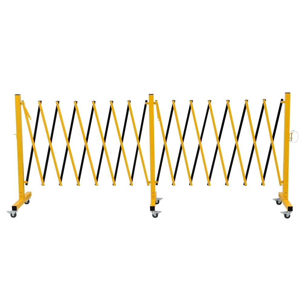 GYMTIME Expandable Barricade, Metal Safety Barrier with Casters, Adjustable Traffic Fence, Flexible Mobile Temporary Gate for Industrial Outdoor, 23 Feet, Yellow and Black