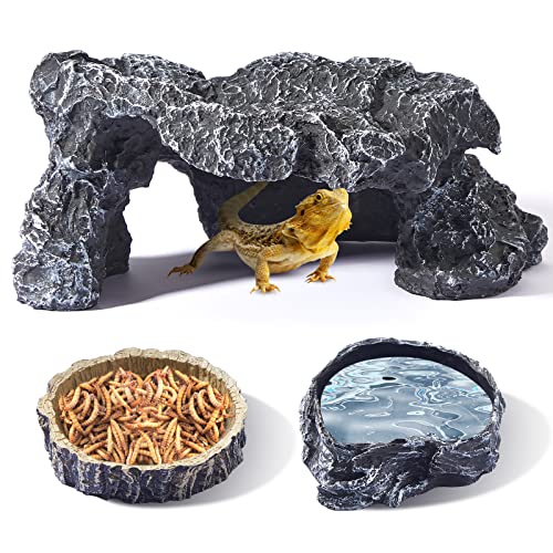 3 Pcs Large Reptile Water Dish Feeding Reptile Food Dish With Reptile Hides And Caves Tortoise Hideout Lizard Rock Hideout Tortoise Habitat Accessories For Geckos Spiders Snakes Hermits Turtles Crabs #TOP27