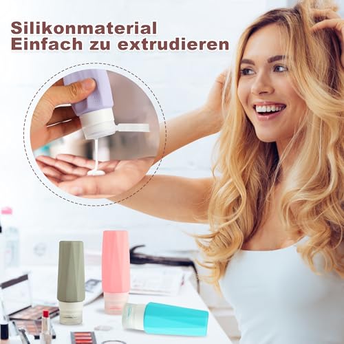 Silikon Reiseflaschen Set, 4 Stück 90ml Auslaufsichere Reisebehälter für Kosmetik und Toilettenartikel - TSA-konform mit No-Drip-Ventil - Ideal für Reise, Festival und Flugzeug