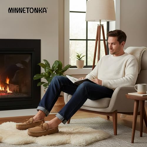 Image of Minnetonka Plaid Lined Hardsole - Moccasin Slippers for Men Made with Suede Upper, Rubber Sole, Plush Interior, Fleece Lining, Rawhide Lace, and Traditional Moccasin Design