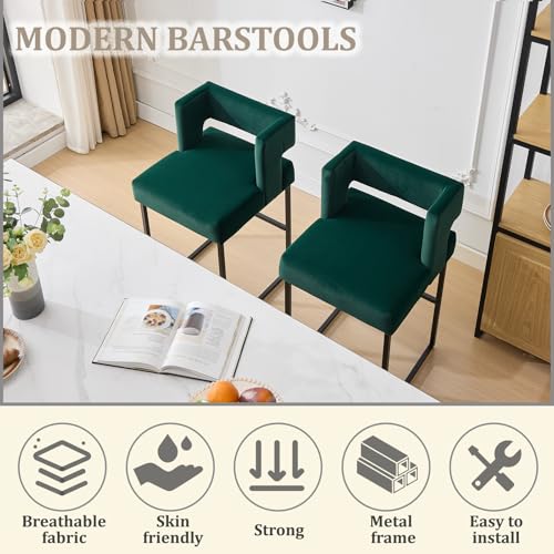 Image of 26 inch H Velvet Bar Stools Set of 6, Counter Height Bar Seats with Square Back, Modern Upholstered Armless Barstools with Metal Black Legs for Kitchen Island Dining Room Bar, Green