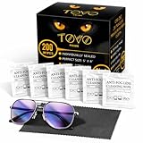 TOVO PRIME Anti-Fog Eyeglasses Cleaning Wipes | 200 Individually Wrapped Lens Wipes 6'×5' + Microfiber Ultra Dense Lens Cloth | Quick-Dry, Streak-Free, Lint-Free | Glasses, Screens, Phone