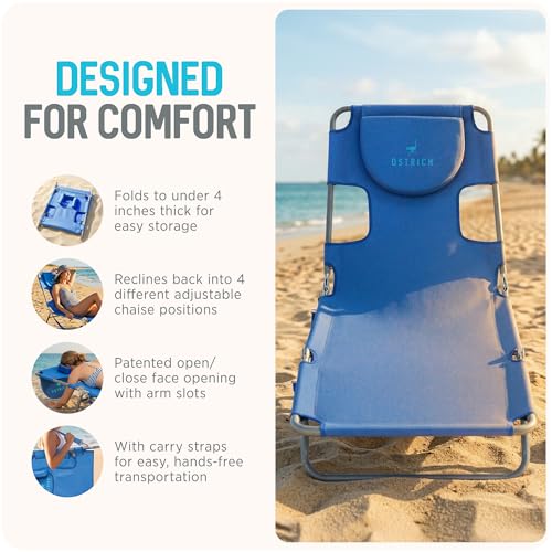 Image of Ostrich the Original Chaise 72 x 22 Inch Lounge Portable Reclining Lounger, Outdoor Patio, Beach, Lawn, Camping, or Pool Tanning Chair, Ocean Blue