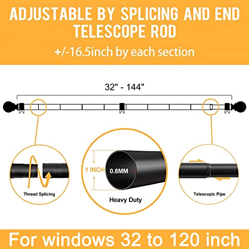 Curtain Rods For Windows 66 To 120, 1 Inch Black Curtain Rod Set, Heavy Duty Drapery Rods With Adjustable Curtain Rods, Room Divider Curtain Rod,Outdoor Curtain Rod With Ball Finials, 32"-144" #TOP3