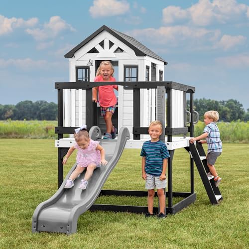 Backyard Discovery Sweetwater Heights White Elevated Cedar Wooden Kids Playhouse with Wave Slide, Play Kitchen, Step Ladder, Half Door, Wrap-Around Deck, Windows, Bell, Growth Chart for Outdoor Play - image 7